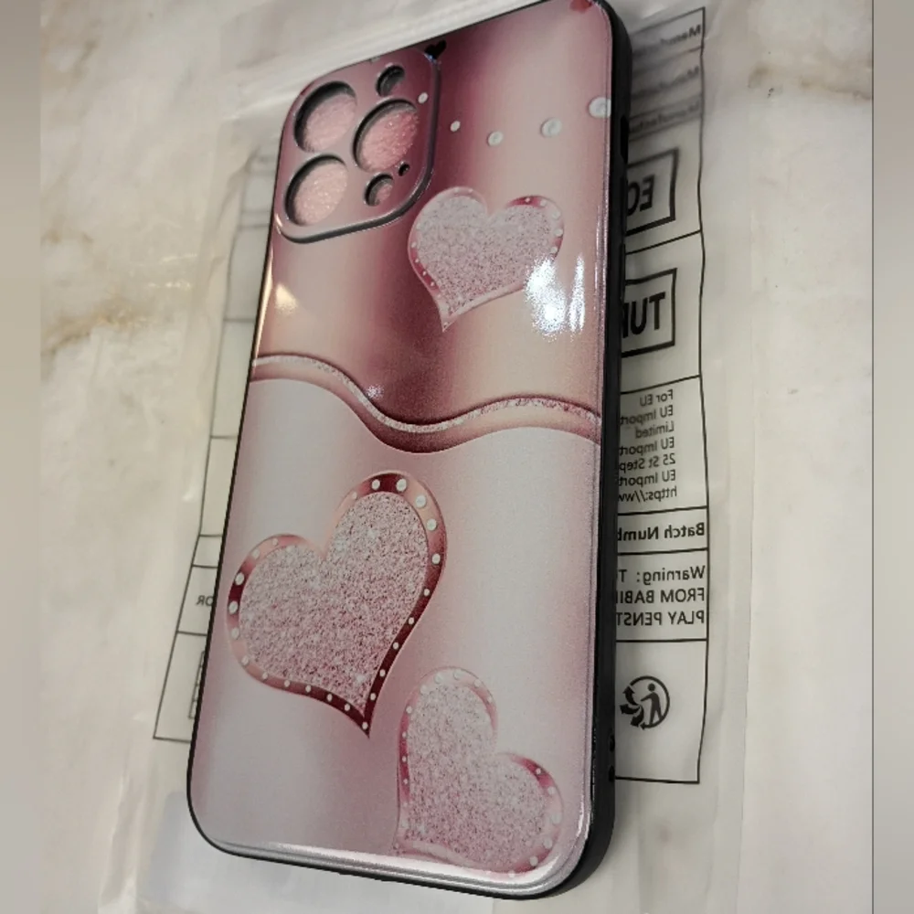 iPhone 13 pro max Pink White Heart Glossy Hard Plastic Back Case Cover